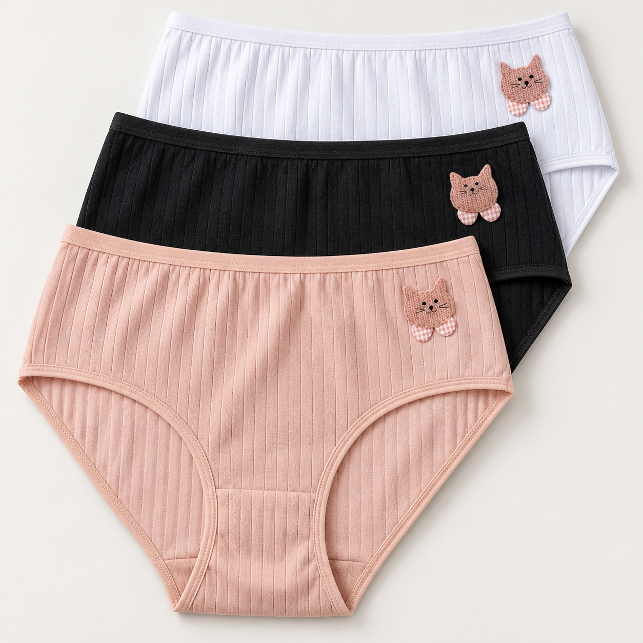 CZ8064 – three ribbed cotton briefs with cat and bow detail