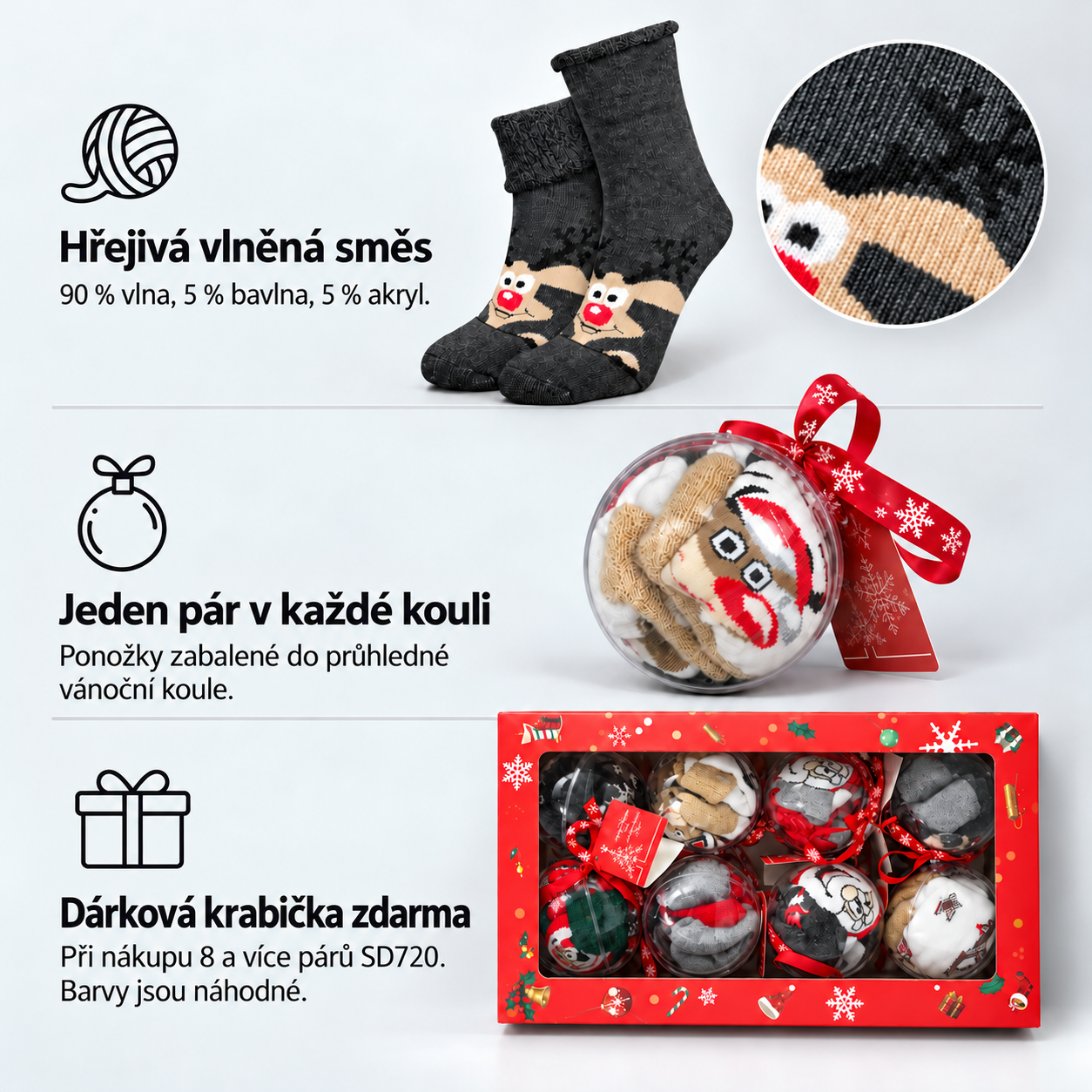 SD720 ponožky: vlněná směs, jeden pár v každé kouli a dárková krabička zdarma při nákupu 8 a více párů.