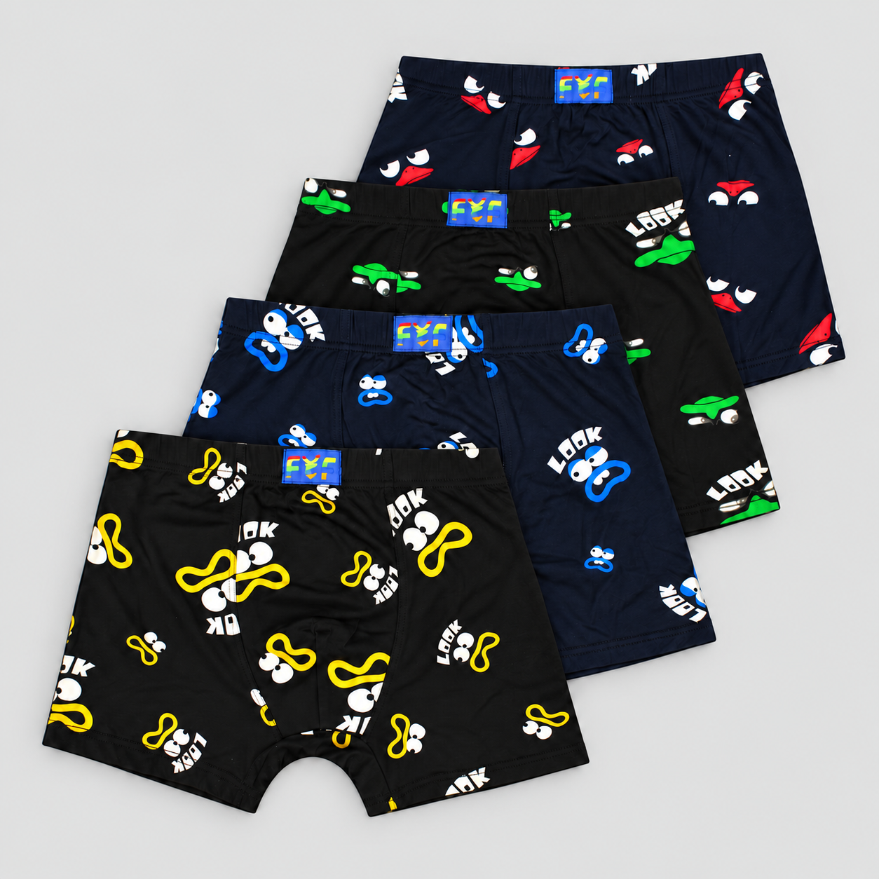 ZQ6794 cartoon-face boxer briefs, four-piece pack on soft gray background